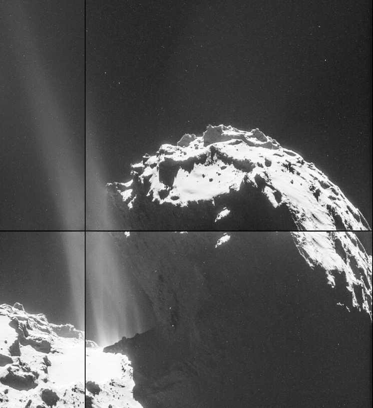 Zoom sur les jets visibles sur les images (luminosité fortement accentuée) prises par la NavCam le 26 septembre à 26,3 km de distance de la comète 67P. Crédits : ESA/Rosetta/NavCam.