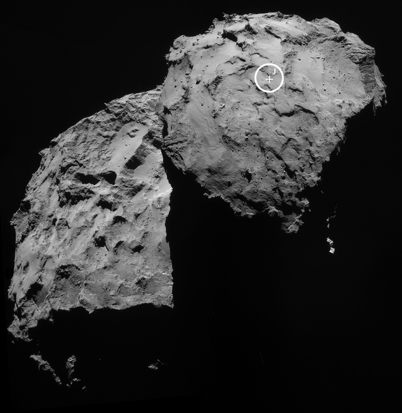 Le site d&#039;atterrissage J est situé sur le petit lobe de la comète 67P/Churyumov-Gerasimenko. Crédits : ESA/Rosetta/NavCam.