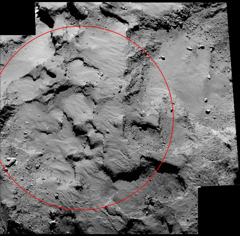Mosaïque de 2 images d’OSIRIS-NAC, prises le 14/9 à 30 km de distance (0,5 m/pixel) +  image NavCam. Le cercle mesure 0,5 km de diamètre et il est centré sur le site J. Crédits : ESA/NavCam/Rosetta/MPS OSIRIS Team MPS/UPD/LAM/IAA/SSO/INTA/UPM/D...