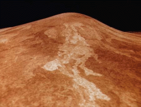 Lava flows around Sif Mons volcano on the surface of Venus show it was once active. Reconstructed image using data from the Magellan probe. Credits : NASA