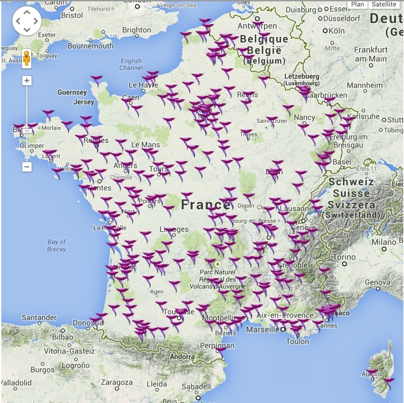 Villes françaises qui accueilleront les Nuits des étoiles 2014. Crédits : Google Maps.