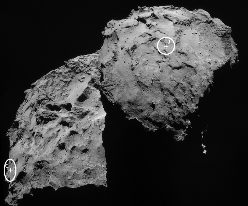 Le site d&#039;atterrissage de Philae désigné par la lettre « J » s&#039;appelle désormais Agilkia. Crédits : Crédits : ESA/Rosetta/NavCam.