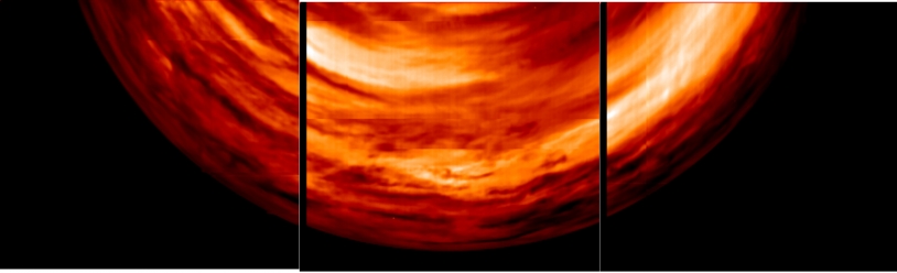 Images acquises par Virtis le 22 juillet 2006. Les zones les plus claires sont celles qui émettent le plus de radiations donc les moins nuageuses. Credits: ESA/VIRTIS/INAF-IASF/Obs. de Paris-LESIA