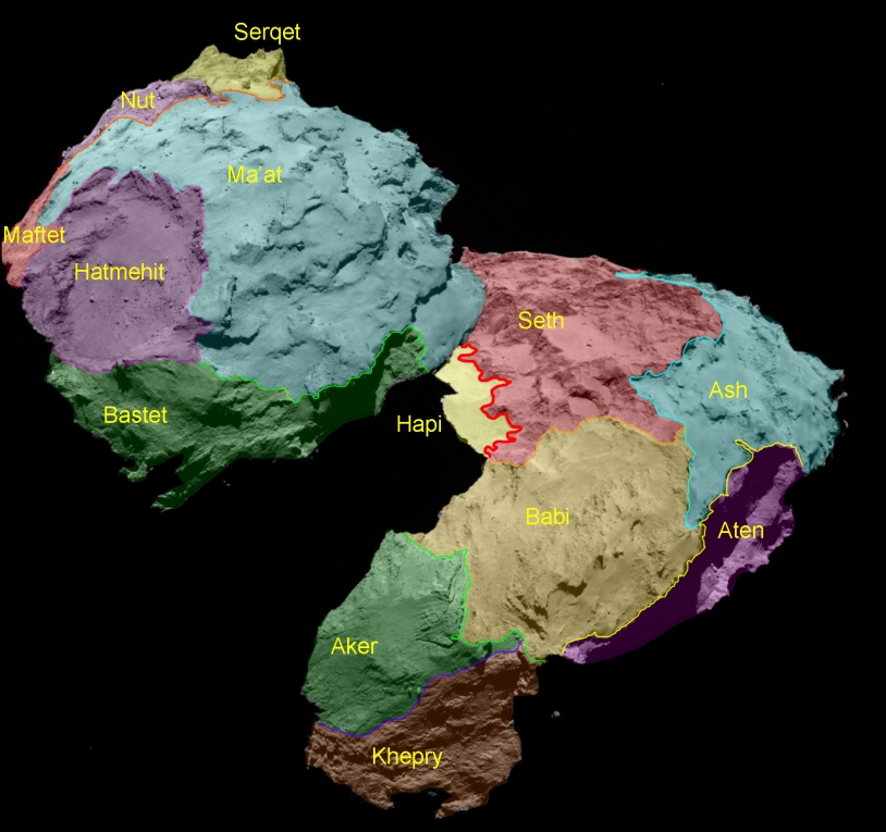 Les régions nommées à ce jour sur le noyau de la comète 67P/Churyumov-Gerasimenko. Crédits : ESA/Rosetta/MPS for OSIRIS Team MPS/UPD/LAM/IAA/SSO/INTA/UPM/DASP/IDA.