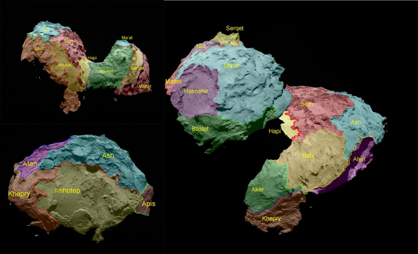 Les régions nommées à ce jour sur le noyau de la comète 67P/Churyumov-Gerasimenko. Crédits : ESA/Rosetta/MPS for OSIRIS Team MPS/UPD/LAM/IAA/SSO/INTA/UPM/DASP/IDA.)