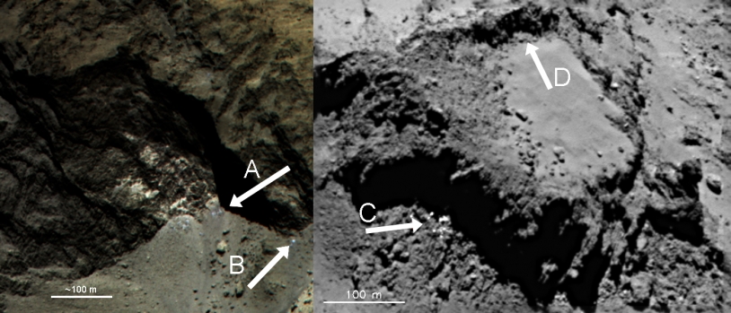 Les petites traces claires visibles sur ces 2 images (frontières des régions Hathor-Anuket et Ash-Khepry) sont probablement de la glace d’eau récemment exposée. Crédits : ESA/Rosetta/MPS for OSIRIS Team MPS/UPD/LAM/IAA/SSO/INTA/UPM/DASP/IDA. 