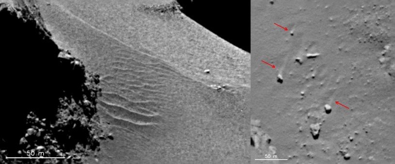 Des ondulations de la surface qui ressemblent à des dunes et des traces laissées par un vent de surface dans la région du cou (Hapi) (images du 18 septembre 2014). Crédits : ESA/Rosetta/MPS for OSIRIS Team MPS/UPD/LAM/IAA/SSO/INTA/UPM/DASP/IDA. 