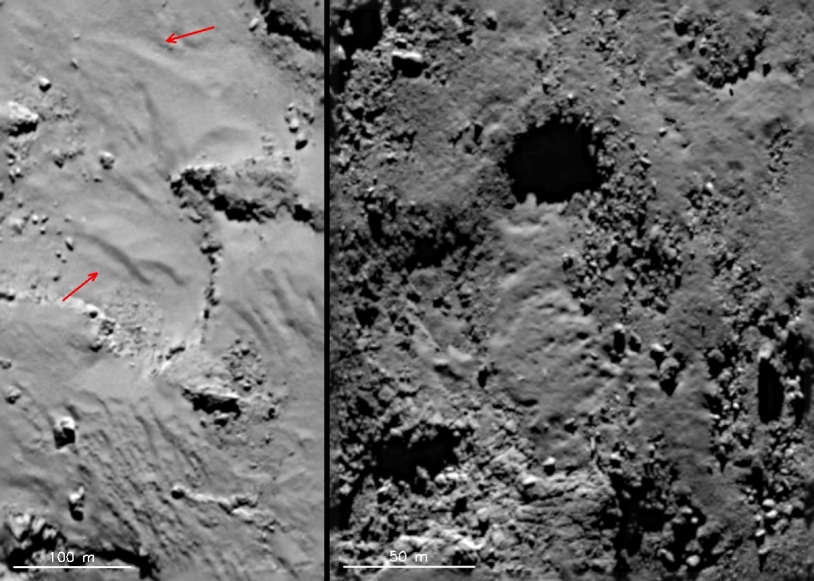 Des formations qui ressemblent à des écoulements à la surface du noyau ; à droite, dans la région de Maftet, l’écoulement semble sortir d’un puits. Crédits : ESA/Rosetta/MPS for OSIRIS Team MPS/UPD/LAM/IAA/SSO/INTA/UPM/DASP/IDA. 