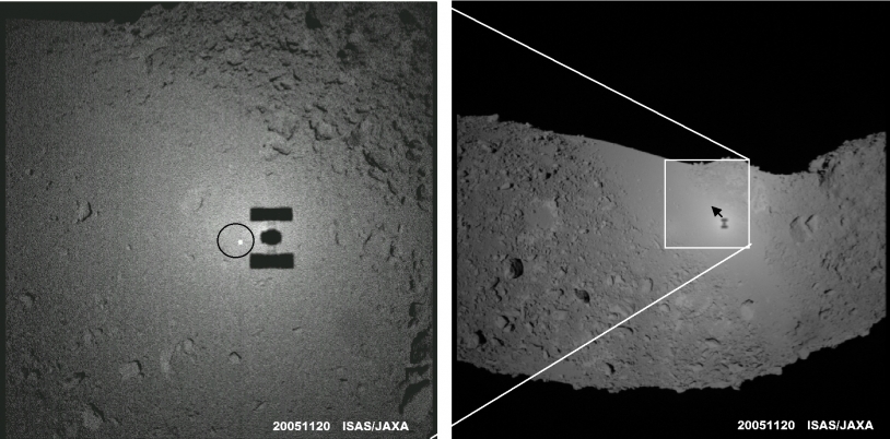 Le 20 novembre 2005, l’ombre de la sonde japonaise Hayabusa était bien visible sur l’astéroïde Itokawa. L’engin se situait à 32 m de la surface avec le Soleil derrière lui et l’effet d’opposition était spectaculaire. Crédits : ISAS/JAXA.