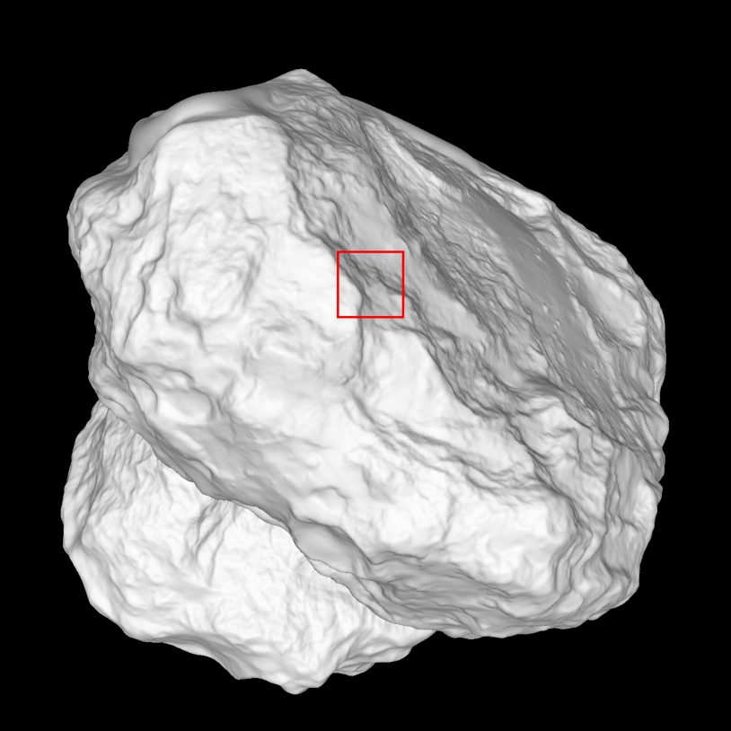 Illustration montrant la position du champ photographié par OSIRIS-NAC sur un modèle numérique du noyau. Crédits : ESA/Rosetta/MPS for OSIRIS Team MPS/UPD/LAM/IAA/SSO/INTA/UPM/DASP/IDA.