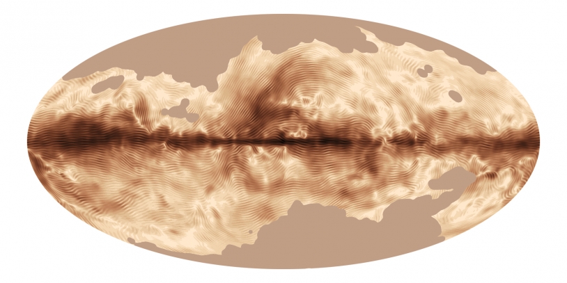 Le champ magnétique de la Voie Lactée vu par Planck. Les régions les plus sombres correspondent à une émission polarisée plus forte et les stries indiquent la direction du champ magnétique projeté sur le plan du ciel. Crédits : ESA - collabor...