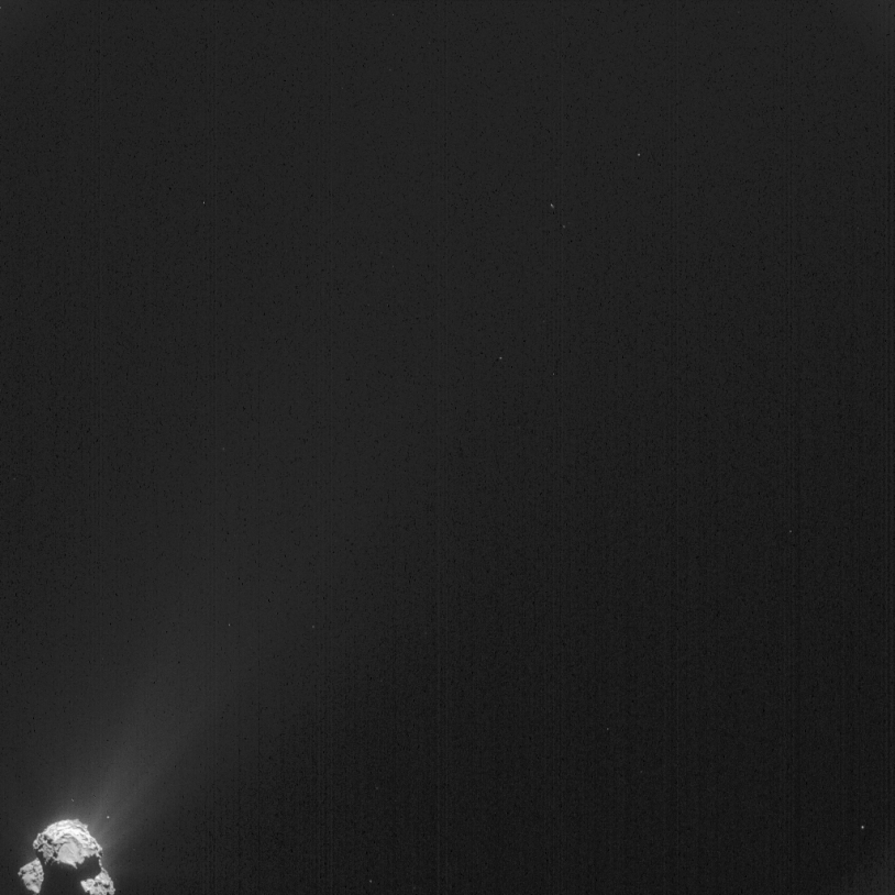 Cette image a été prise par la caméra de navigation de Rosetta à près de 385 km du noyau de la comète 67P/Churyumov-Gerasimenko, le 2 avril 2015 ; résolution de 33 m/pixel. Crédits : ESA/Rosetta/NavCam - CC BY-SA IGO 3.0.