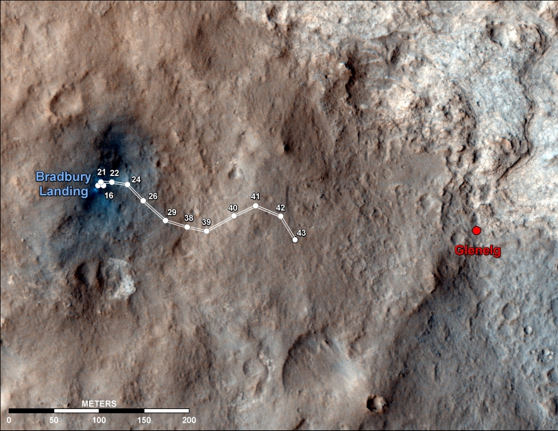 Cheminement du rover Curiosity au 43e jour martien. Crédits : NASA/JPL-Caltech/Univ. of Arizona.
